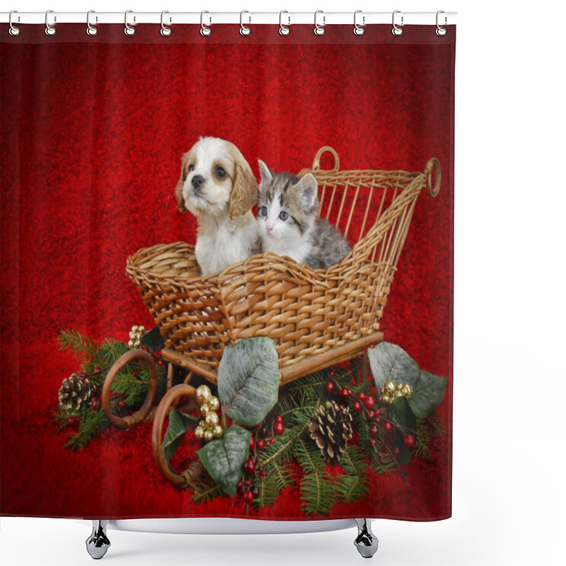 Personality  Christmas Puppy And Kitten. Shower Curtains