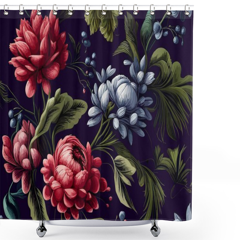 Personality  Floral Abstract Art Background With Pink And Blue Peony, Berries And Leaves. Elegant Dark Backdrop. Colorful Vector Illustration On Black Background. Banner, Design For Cards, Invitations. Shower Curtains