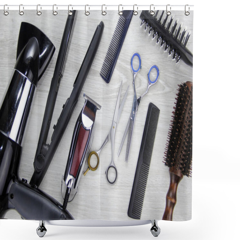 Personality  Full Frame Of Professional Hair Dresser Tools On Black Background Shower Curtains