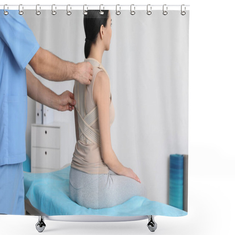 Personality  Orthopedist Helping Patient To Put On Posture Corrector In Clinic, Closeup. Scoliosis Treatment Shower Curtains