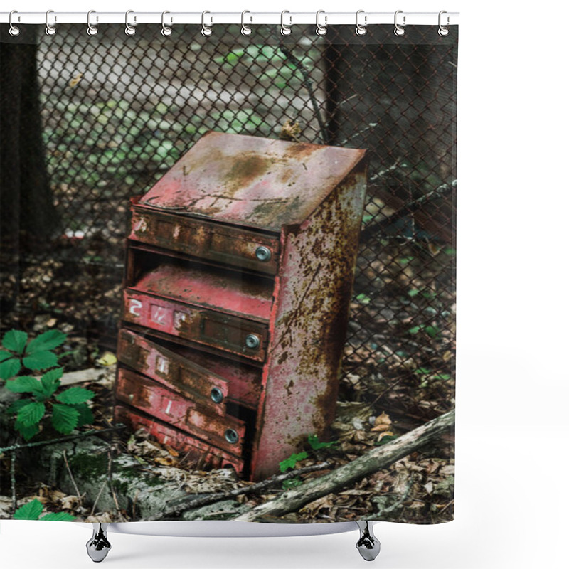 Personality  Retro And Rusty Mail Box Near Green Leaves  Shower Curtains