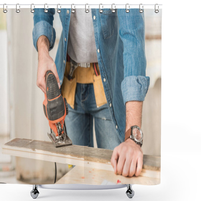 Personality  Cropped Shot Of Man Using Electric Jigsaw While Making Repair At Home Shower Curtains