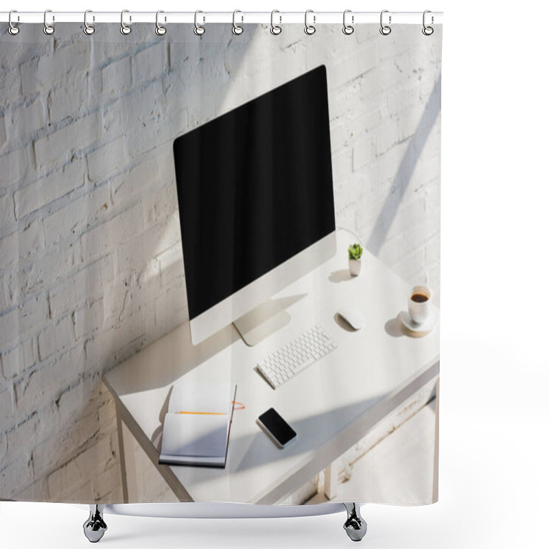 Personality  Home Office With, Notepad, Coffee Cup, Computer And Smartphone With Blank Screens Shower Curtains