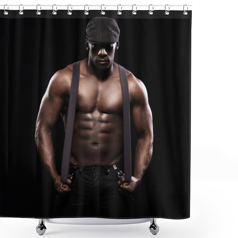 Personality  Portrait Of An Athletic African American Man Topless. Only In Suspenders And Cap Shower Curtains