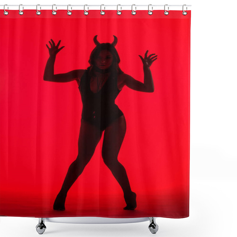 Personality  Silhouette Of Beautiful Young Woman In Devil Costume, Isolated On Red Shower Curtains