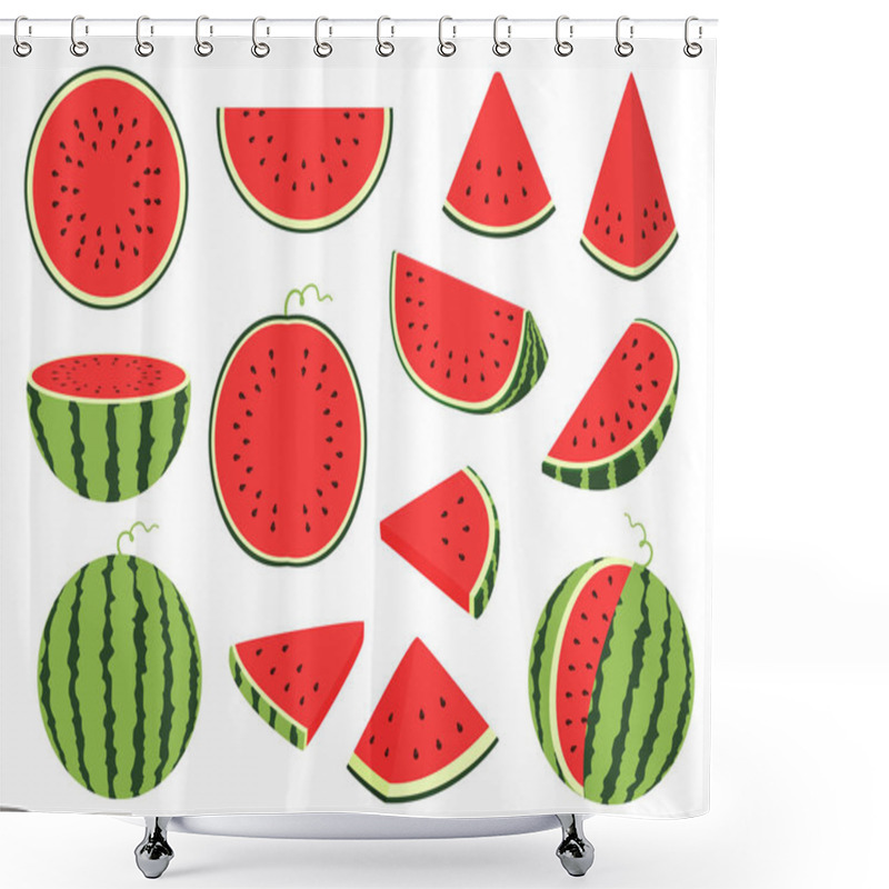 Personality  Cartoon Slice Watermelon. Green Striped Berry With Red Pulp And Brown Bones, Cut And Chopped Fruit, Half And Sliced On White Shower Curtains