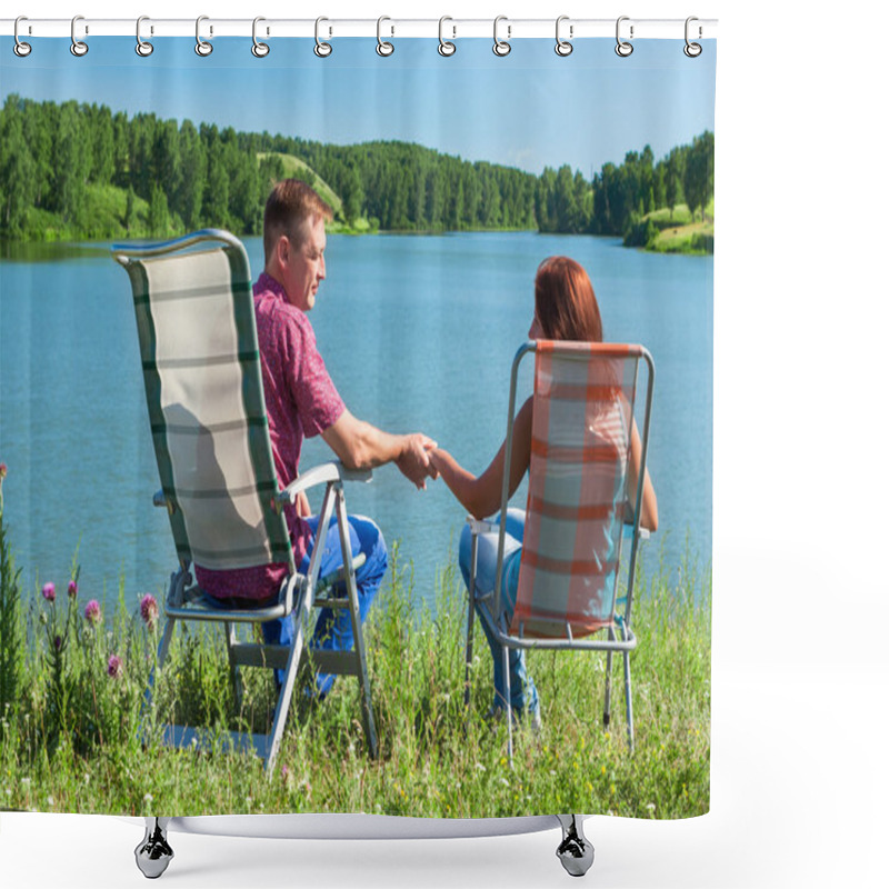 Personality  Portrait Of A Man And Woman Holding Hands, Sitting In Chairs Nea Shower Curtains