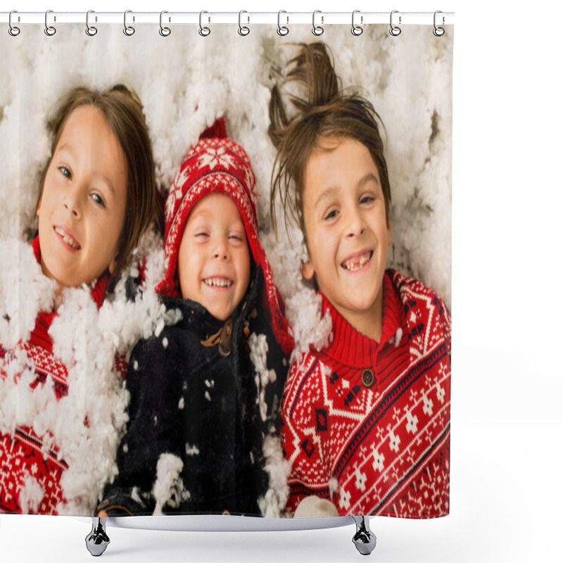 Personality  Cute Boy, Preschool Child, Playing In The Snow Outdoors, Studio Shot Shower Curtains