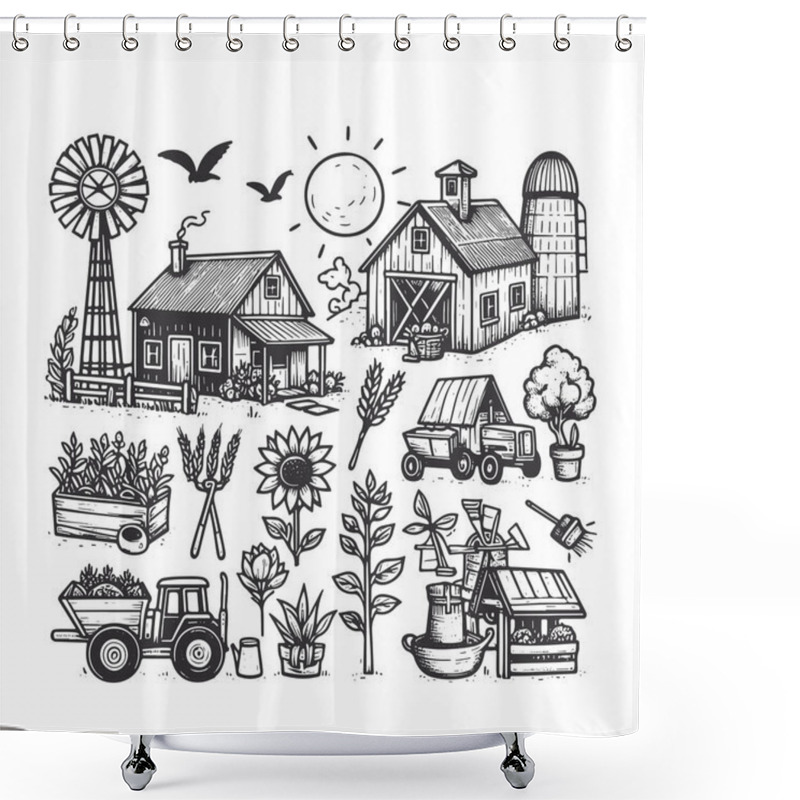 Personality  Hand Drawn Farm Elements Illustrations Shower Curtains