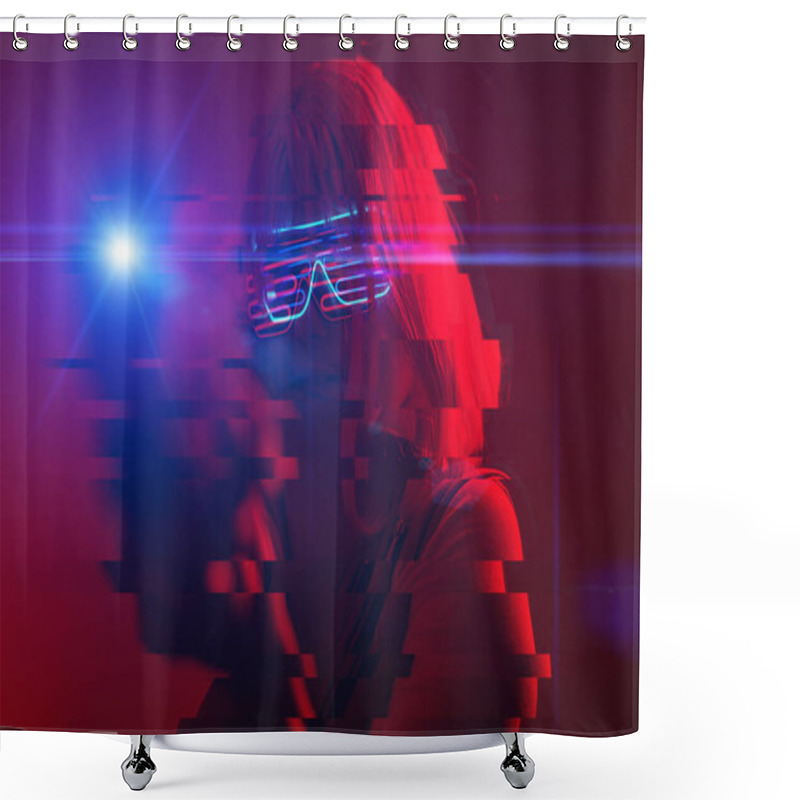 Personality  Girl With Blaster In The Futuristic Battle. Concept Virtual Reality, Cyber Game. Image With Glitch Effect. Shower Curtains