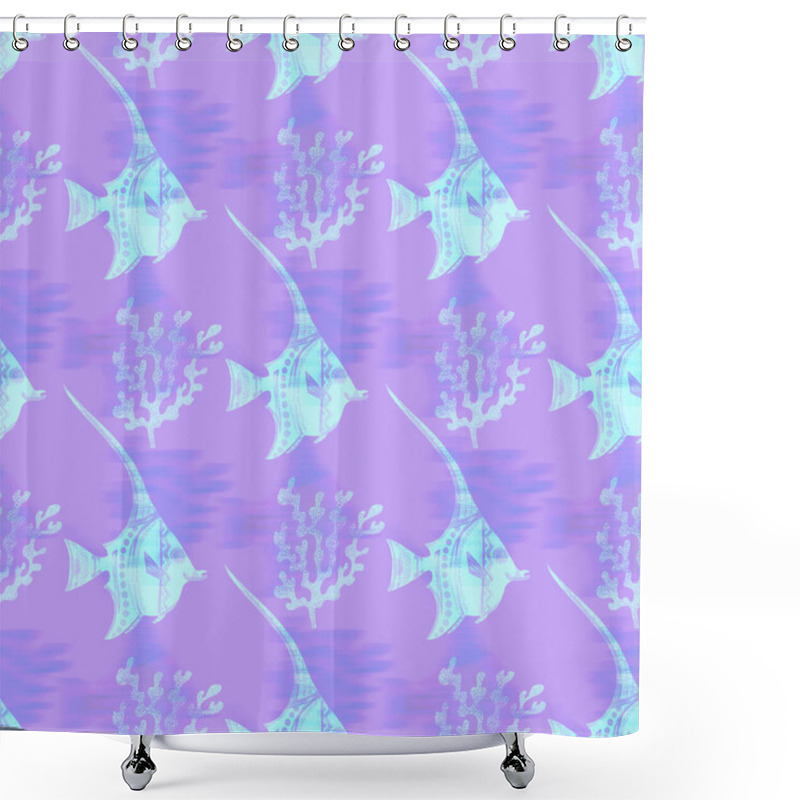 Personality  Ultraviolet Iridescent Fish Pattern Background. Modern Digital Lavender Peri Purple Under The Sea Fishes Texture. Tropical Calm Coastal Wellness All Over Print. Shower Curtains