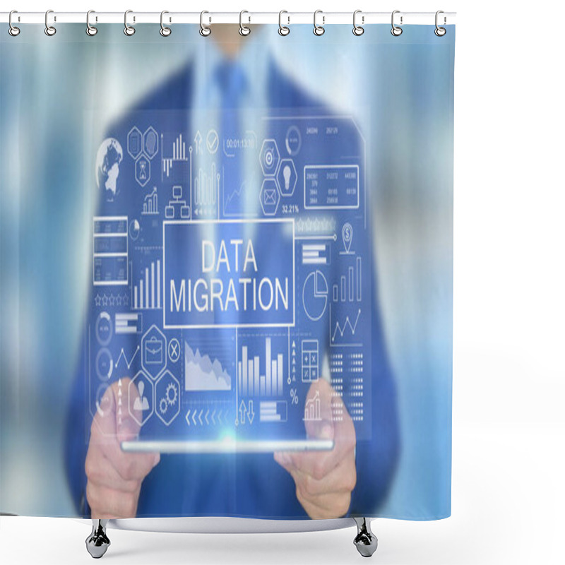 Personality  Data Migration, Businessman With Hologram Concept Shower Curtains