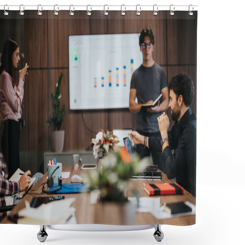 Personality  Focused Business Colleagues Gathered Around A Table Analyzing Growth Charts On A Digital Screen In A Contemporary Meeting Room, Embodying Teamwork And Effective Communication. Shower Curtains