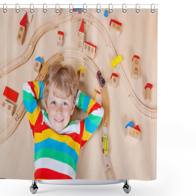 Personality  Little Blond Child Playing With Wooden Railroad Trains Indoor Shower Curtains