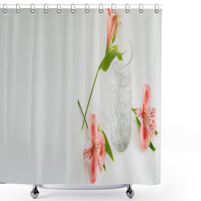 Personality  Pink Peruvian Lilies And Glass With Pure Water On White Surface With Copy Space, Banner Shower Curtains