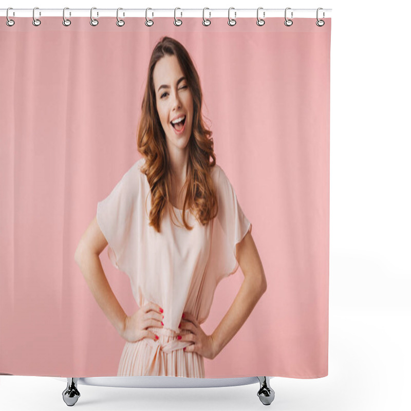 Personality  Portrait Of A Cheerful Young Girl In Dress Shower Curtains