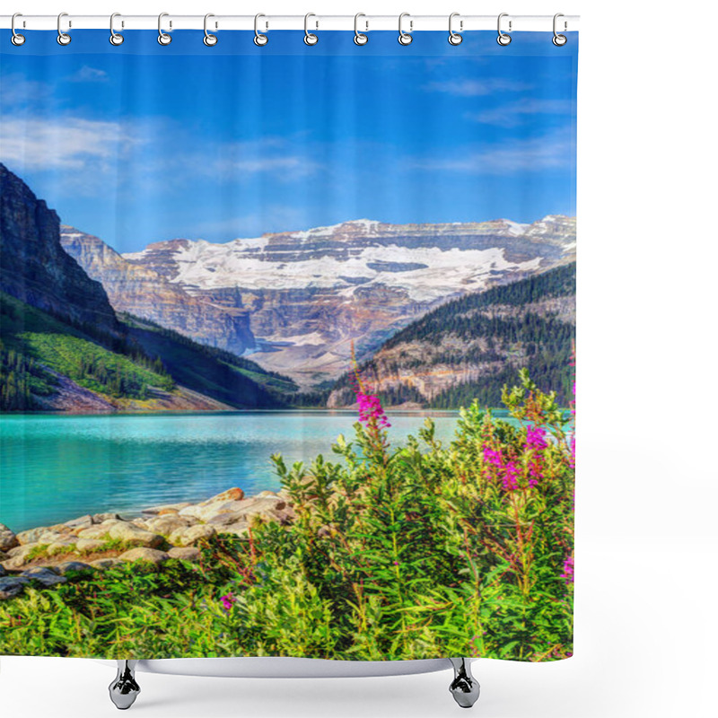 Personality  Lake Louise In Banff National Park With Its Glacier-fed Turquoise Lakes, Beautiful Flower Bed In The Foreground And Mount Victoria Glacier In The Background. Vertical Orientation. Shower Curtains