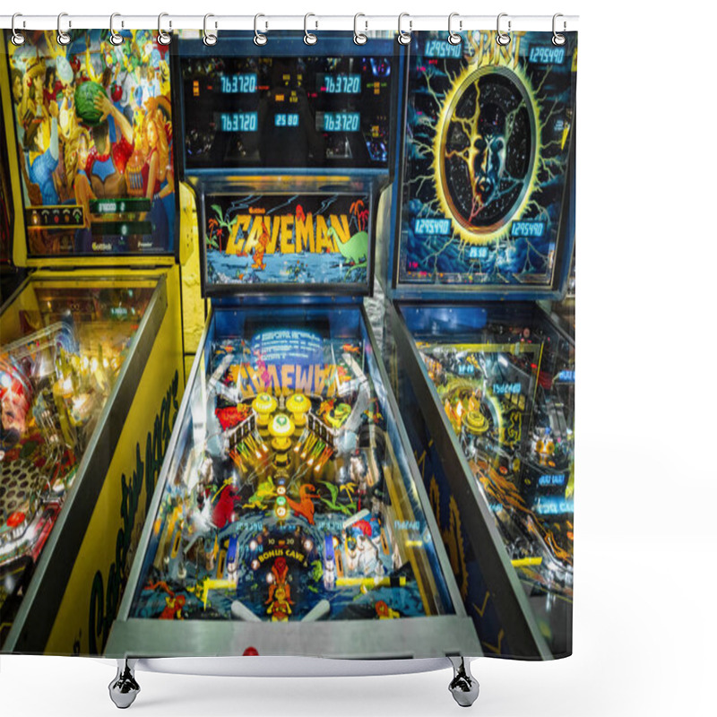 Personality  Budapest, Hungary - March 25, 2018: Pinball Museum. Pinball Table Close Up View Of Vintage Machine. Shower Curtains