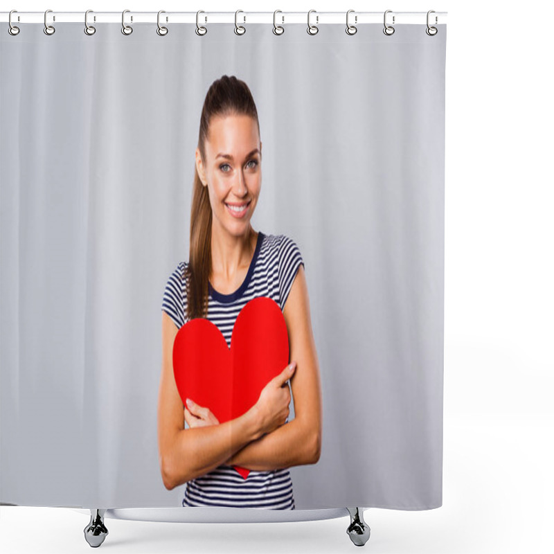 Personality  Close Up Photo Beautiful Amazing She Her Lady Hold Arms Hands Large Red Paper Heart Shape Figure Postcard Boyfriend Husband Gift Celebration Wear Blue White Striped T-shirt Isolated Grey Background Shower Curtains