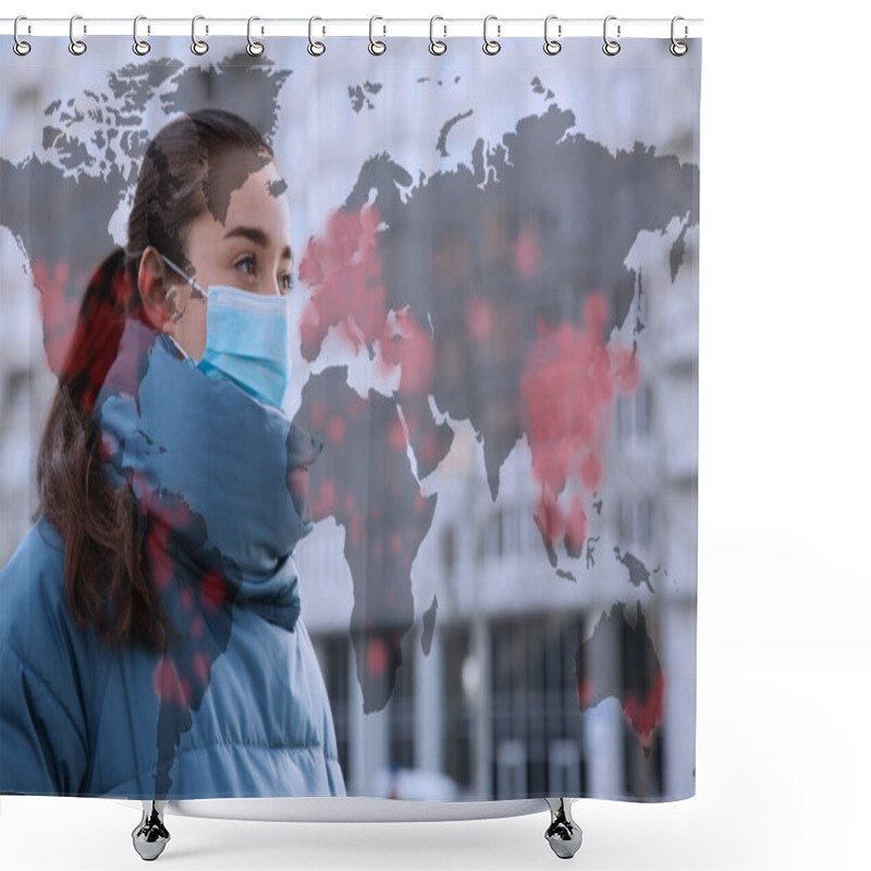 Personality  Woman Wearing Medical Mask Outdoors During Coronavirus Outbreak Shower Curtains