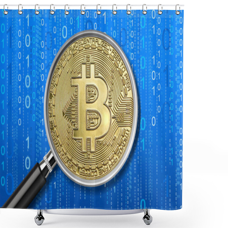 Personality  Magnifying Glass Focused Of Virtual Currency Bitcoin On Binary Code Background. Concept Of Regulation Of Virtual Currency In Countries. Regulation Of The Circulation Of Digital Currencies Shower Curtains