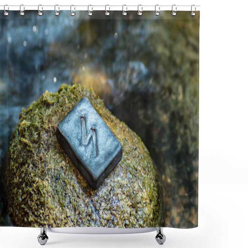 Personality  Norse Rune Sowilo On The Stone And The Evening River Background. The Sun, Energy, Protection From Dark Forces. Shower Curtains