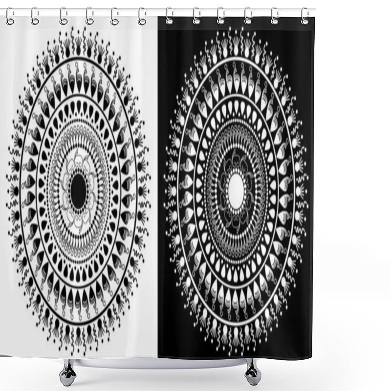 Personality  Indian Traditional And Cultural Rangoli Mandala Design Concept Of Floral Art Isolated On Black And White Background Shower Curtains