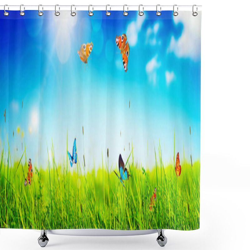 Personality  Flying Butterfly In Spring Morning. Panoramic View. Shower Curtains