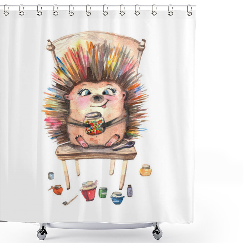 Personality  Watercolor Hedgehog With Jam, Funny Hedgehog Sits On A Chair With Jam. Cute Hedgehog. Watercolor Illustration. Shower Curtains