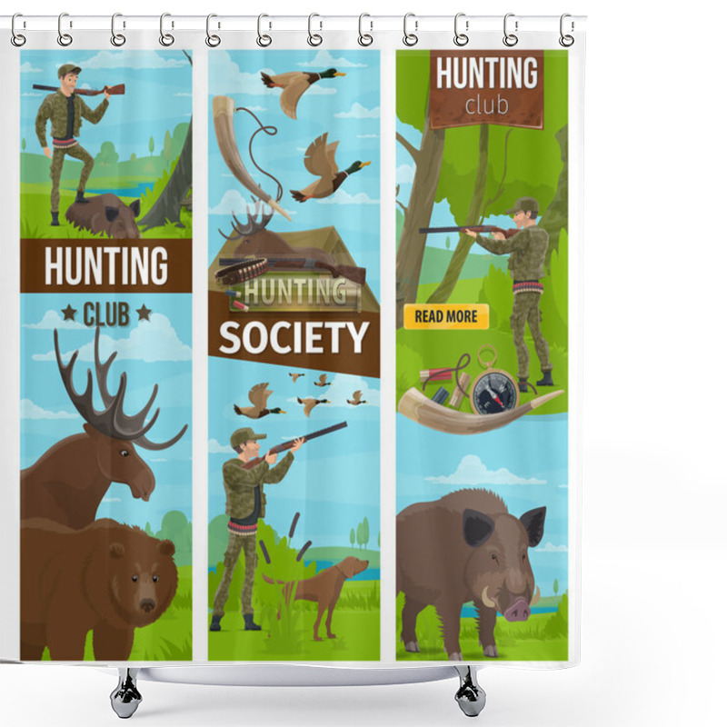 Personality  Vector Hunting Club Banners Of Hunter And Animals Shower Curtains