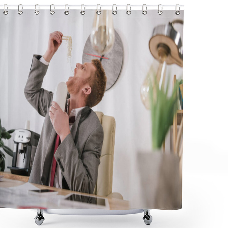 Personality  Overworked Young Businessman Eating Take Away Noodles At Workplace Shower Curtains