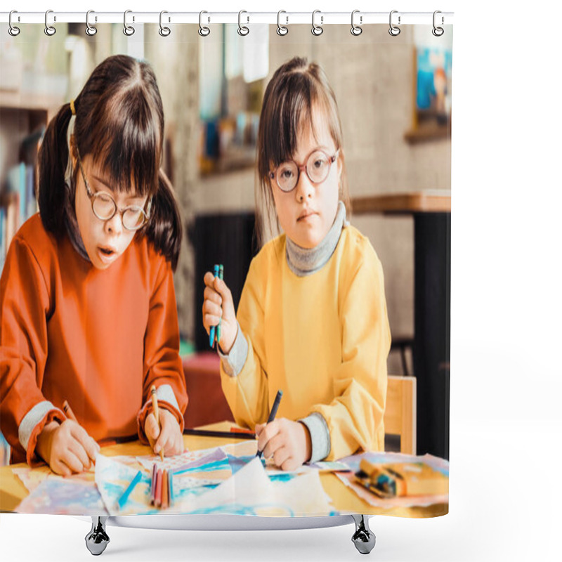 Personality  Focused Sisters With Down Syndrome Wearing Orange And Yellow Sweaters Shower Curtains