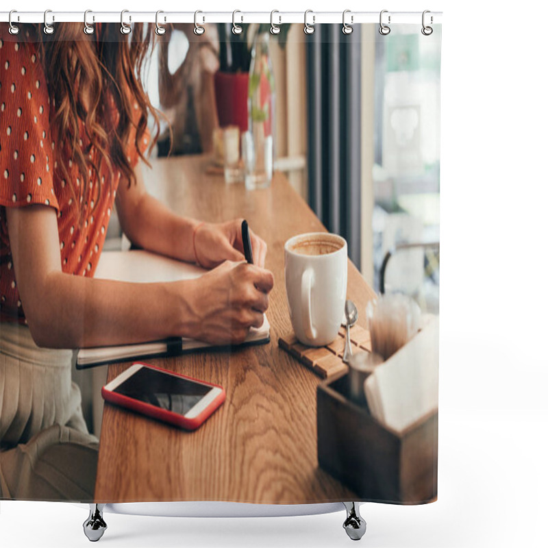 Personality  Cropped Shot Of Blogger Making Notes In Notebook At Table With Cup Of Coffee In Coffee Shop Shower Curtains