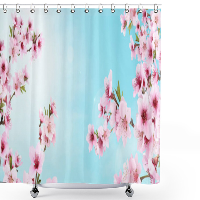 Personality  Amazing Spring Blossom. Tree Branches With Beautiful Flowers Outdoors On Sunny Day, Banner Design Shower Curtains