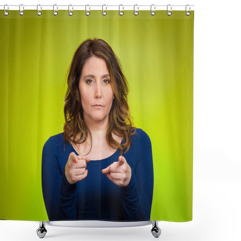 Personality  Serious Woman Pointing Finger At Someone, Blaming Shower Curtains