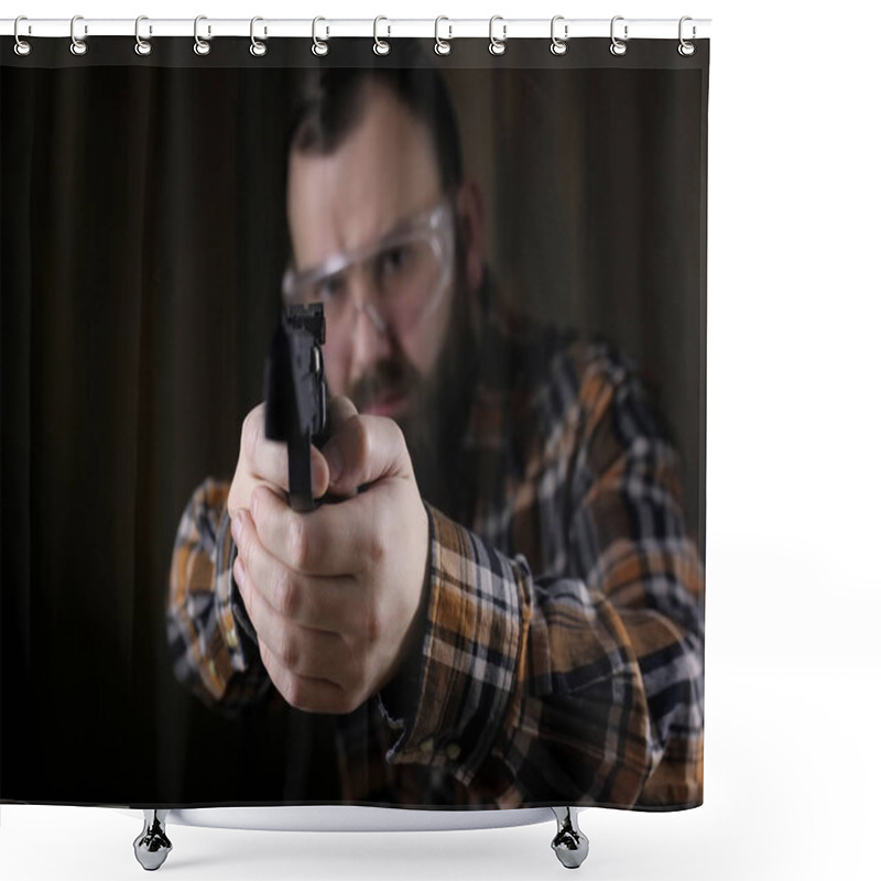 Personality  Man With Put On Protective Goggles And Ear Training In Pistol Sh Shower Curtains