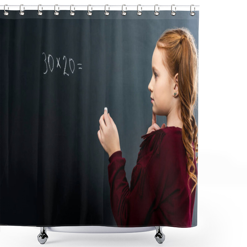 Personality  Thoughtful Schoolgirl Holding Chalk And Looking At Blackboard With Math Example Shower Curtains