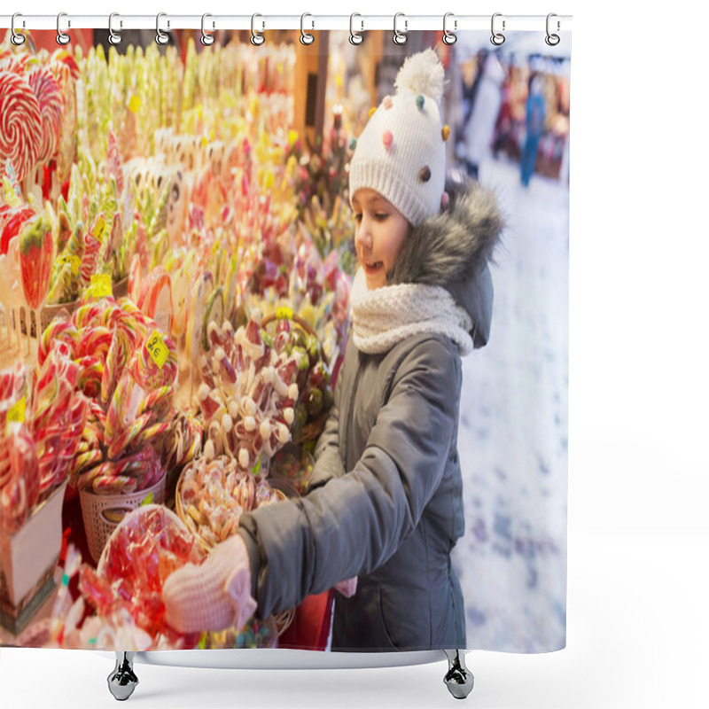 Personality  Little Girl Choosing Sweets At Christmas Market Shower Curtains