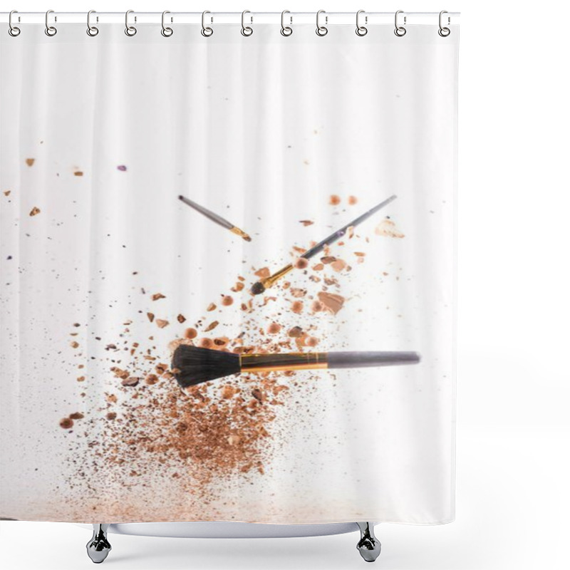 Personality  Crushed Cosmetic Powder With Makeup Brushes Falling Isolated On White Shower Curtains