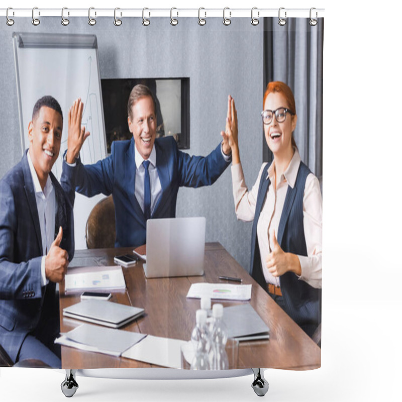 Personality  Happy Businessman Giving High Five To Multicultural Colleagues With Thumbs Up At Workplace In Meeting Room Shower Curtains