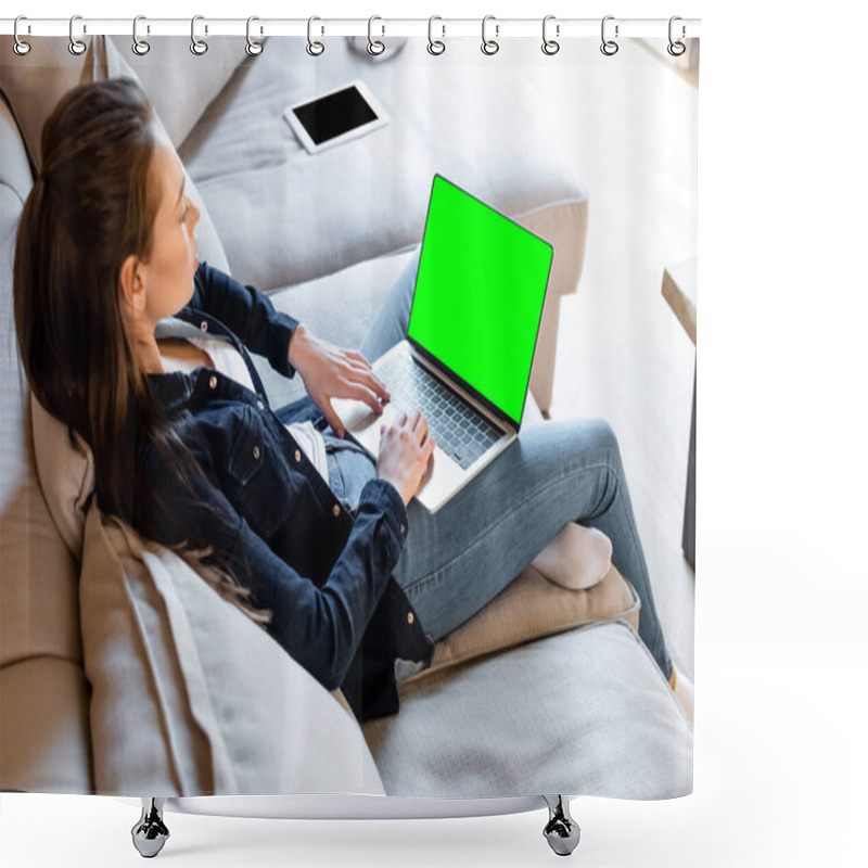 Personality  Selective Focus Of Freelancer Using Laptop With Green Screen Near Digital Tablet With Blank Screen  Shower Curtains