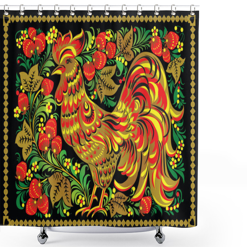 Personality  Traditional Khokhloma Painting With Cock And Strawberries. Graphic Painting With Gold Ornaments On A Black Background. Illustration, Vector Shower Curtains