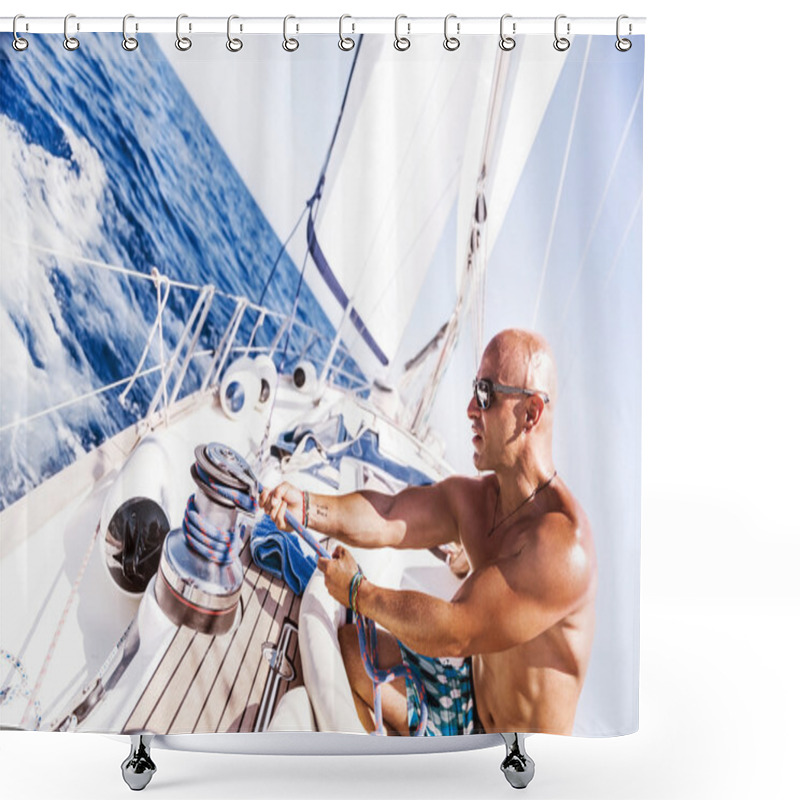 Personality  Handsome Man Working On Sailboat Shower Curtains