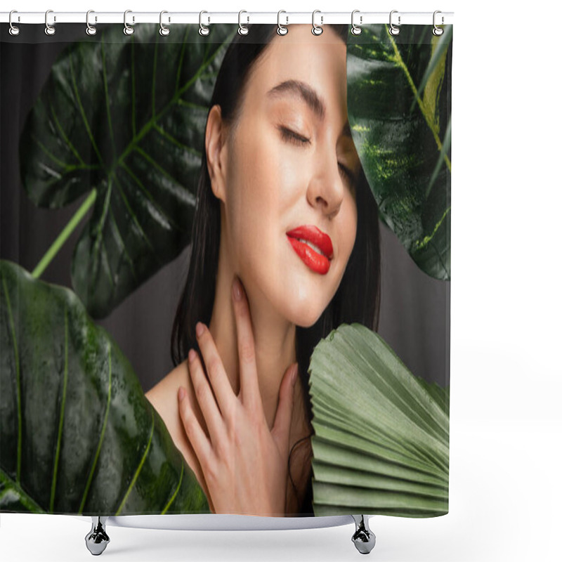 Personality  Pleased Young Woman With Brunette Hair And Red Lips Smiling While Posing With Closed Eyes Next To Tropical Green Palm Leaves With Raindrops On Them  Shower Curtains