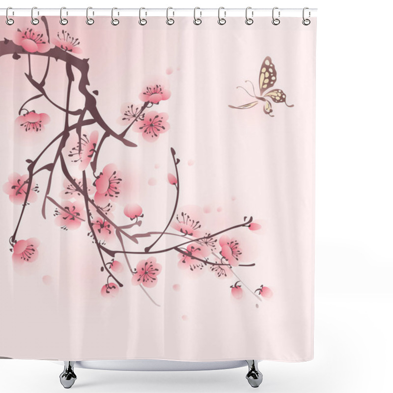 Personality  Blossoming Cherry Branch And Butterfly Shower Curtains