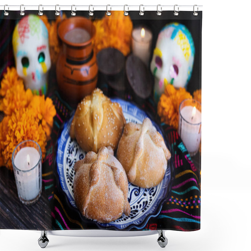 Personality  Mexican Bread On Altar With Sugar Skull And Hot Chocolate Traditional Food For Celebration Of Mexico's Day Of The Dead Shower Curtains