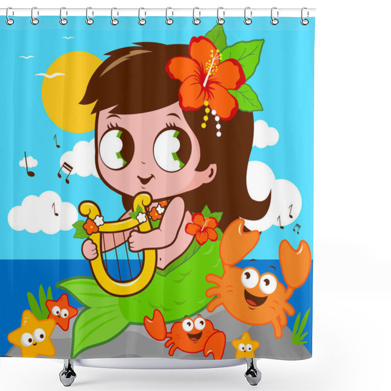 Personality  Cute Mermaid By The Sea Playing Music With Her Lyre Shower Curtains