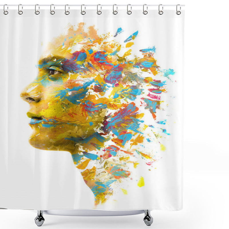 Personality  Paintography. Double Exposure. Close Up Of A Strong Attractive M Shower Curtains