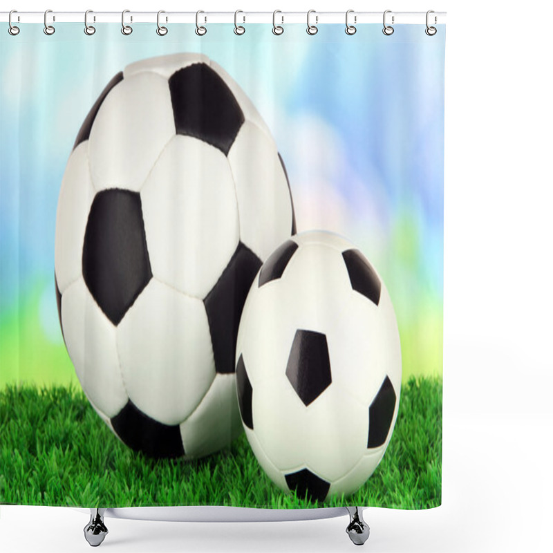 Personality  Soccer Balls On Green Grass On Bright Background Shower Curtains