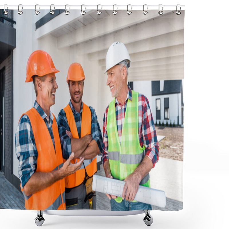 Personality  Happy Constructors In Helmets Standing Near Coworker With Blueprint  Shower Curtains